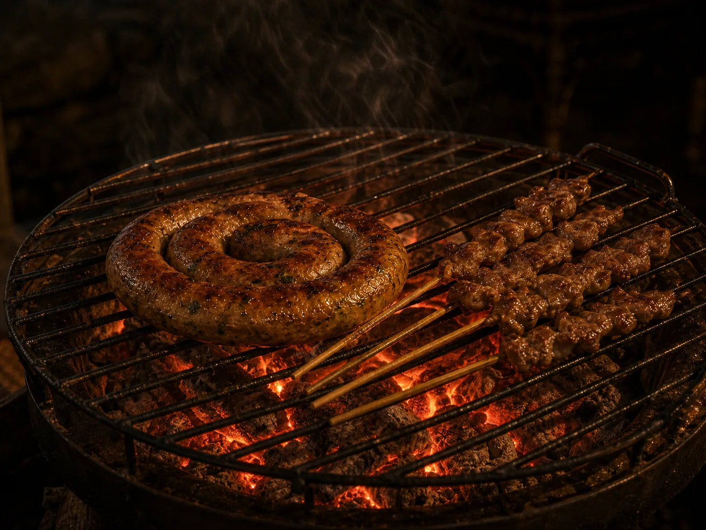 Coiled herb sausage and pork skewers over glowing longan charcoal