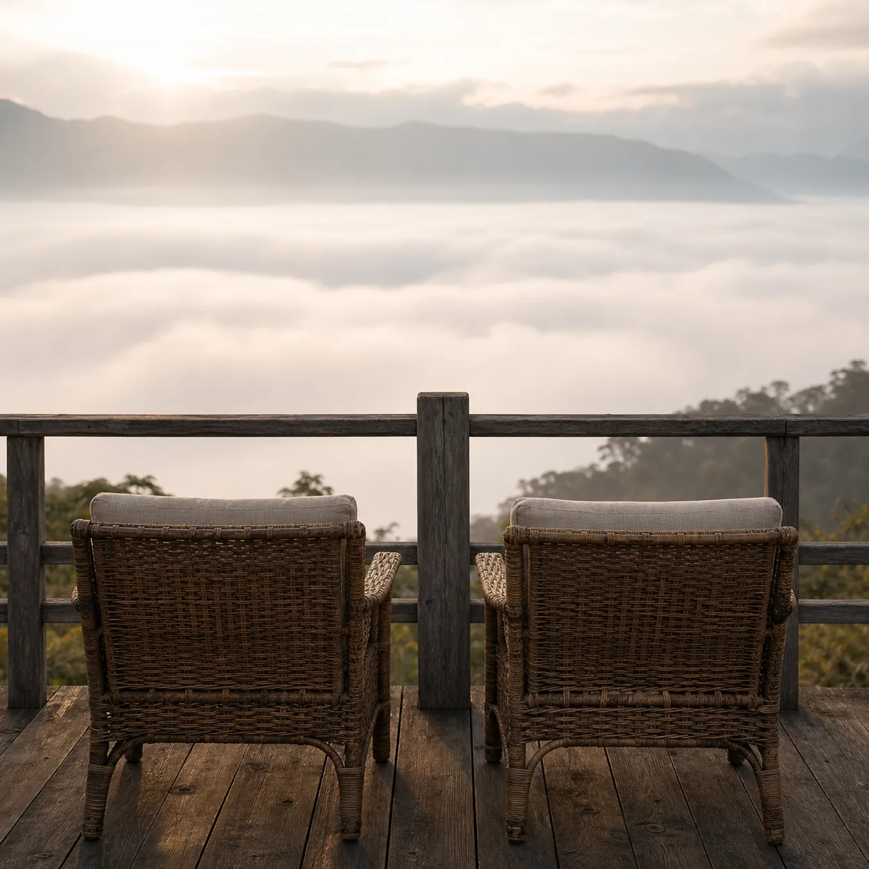 Empty terrace chairs facing the valley, seen from behind