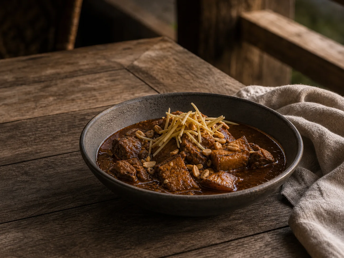 Rich dark pork curry in a shallow stoneware bowl, ginger julienne on top