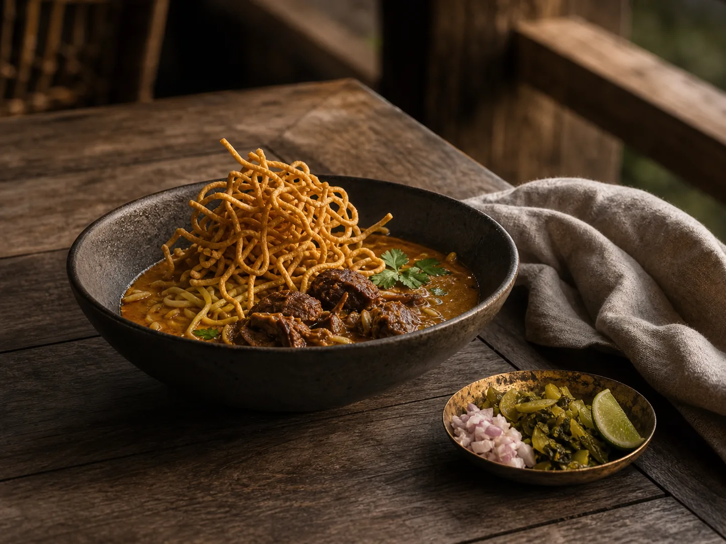 A bowl of khao soi with crisp noodle nest on dark ceramic