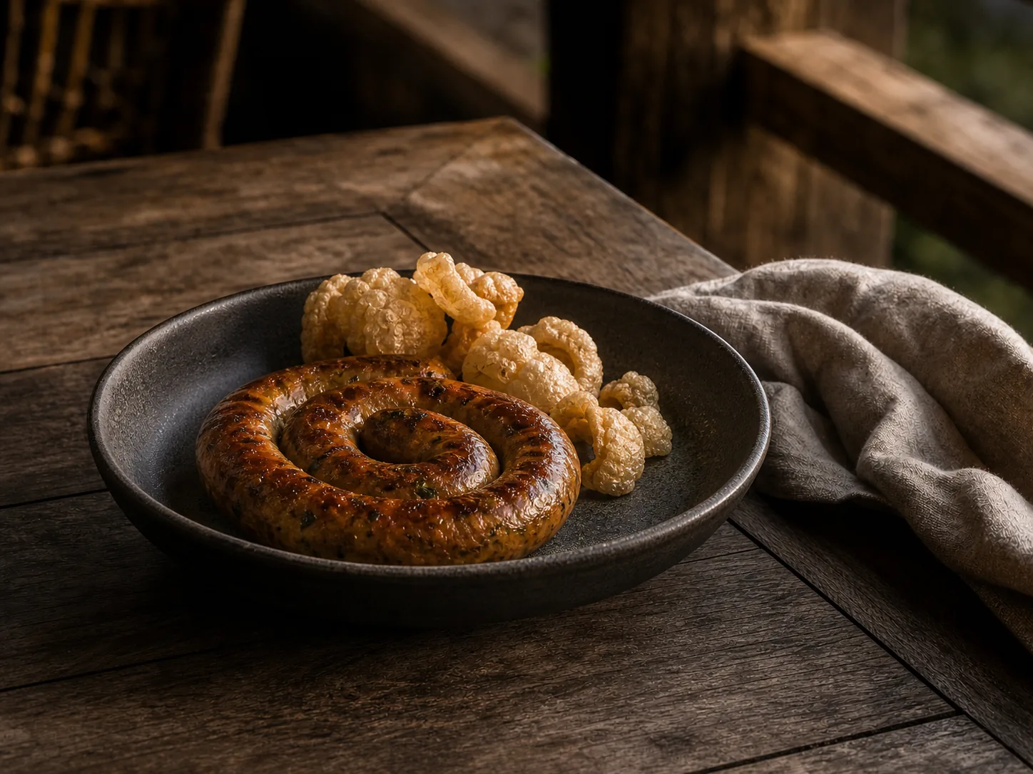 Coiled grilled herb sausage on a wooden board with crisp pork rind