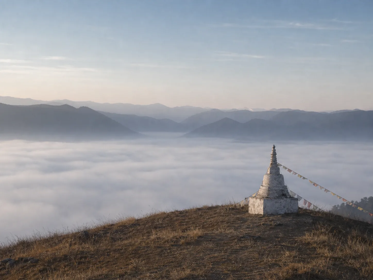 A small white stone chedi on a bare ridge above cloud