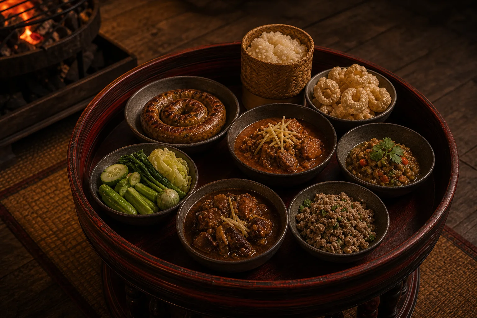 A lacquered pedestal tray set with eight small northern Thai dishes, seen from above at a slight angle