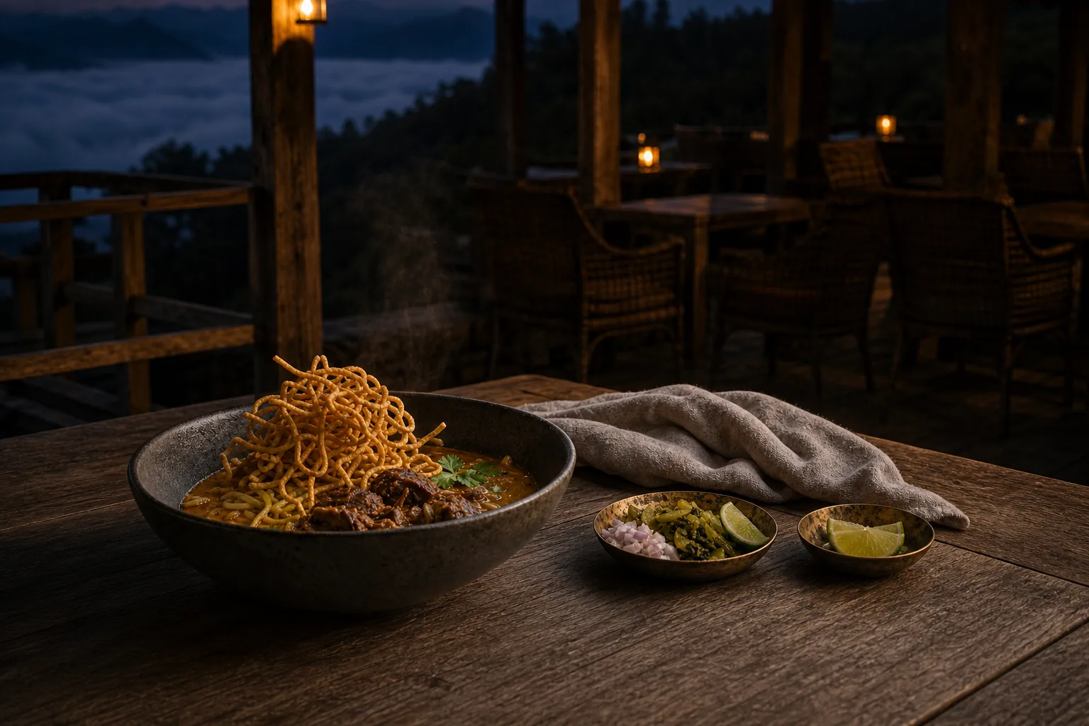 A bowl of khao soi with a nest of crisp fried noodle, pickled greens and lime alongside