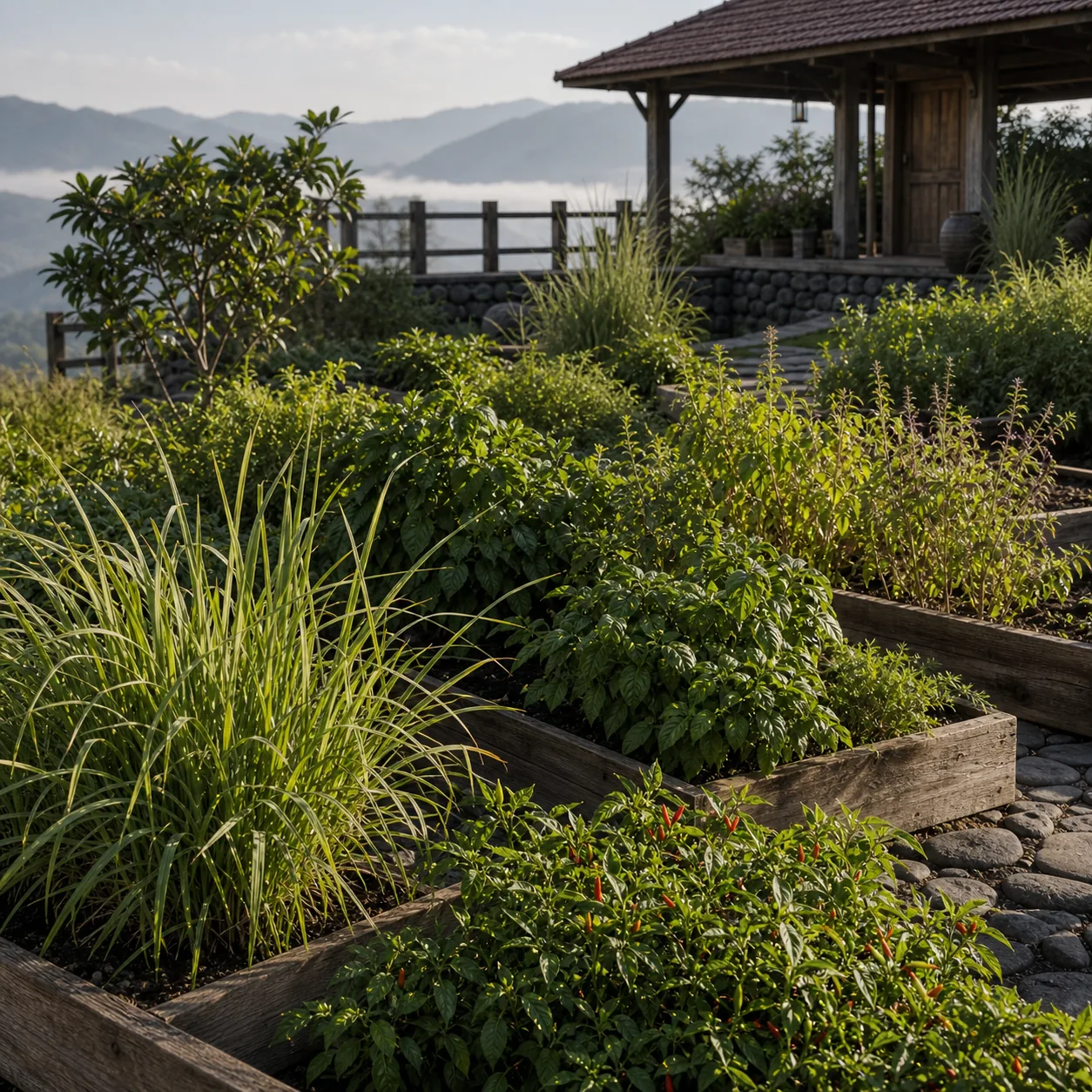 Raised beds of herbs and chillies with the kitchen door behind