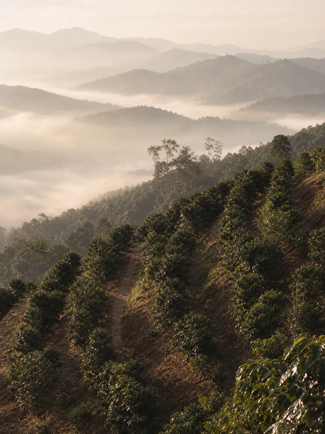 Coffee terraces on the Mae Salong ridge, rows following the contour of the slope